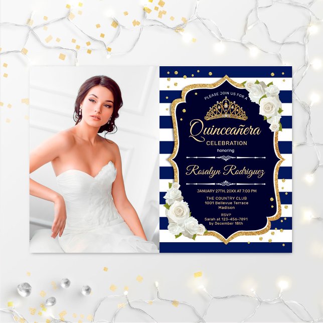 Quinceanera Party With Photo - Gold Navy White Invitation (Creator Uploaded)