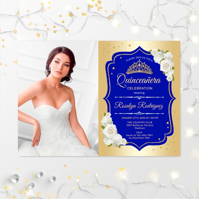 Quinceanera Party With Photo - Gold Royal Blue Invitation (Creator Uploaded)