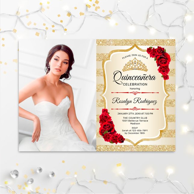 Quinceanera Party With Photo - Gold Stripes Invitation (Creator Uploaded)