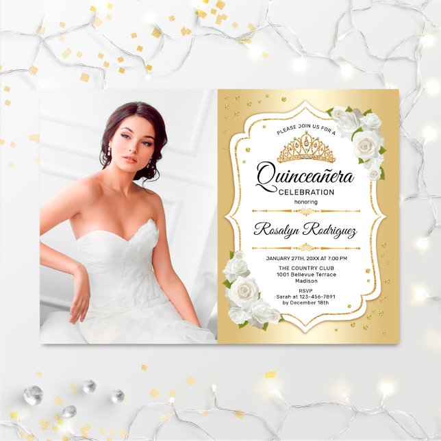 Quinceanera Party With Photo - Gold White Invitation (Creator Uploaded)