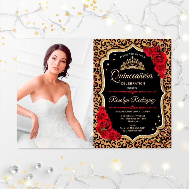 Quinceanera Party With Photo - Leopard Print Red Invitation (Creator Uploaded)