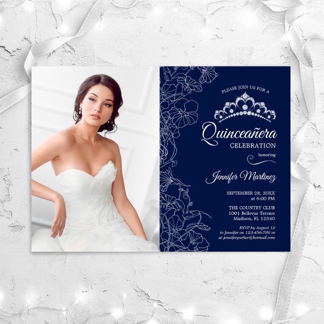 Quinceanera Party With Photo - Navy White Floral Invitation (Creator Uploaded)