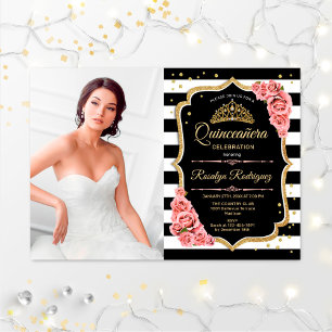 Quinceanera Party With Photo - Pink Gold Black Invitation