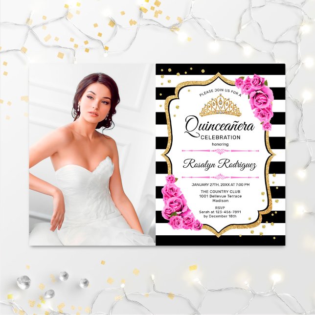 Quinceanera Party With Photo - Pink Gold Black Invitation (Creator Uploaded)