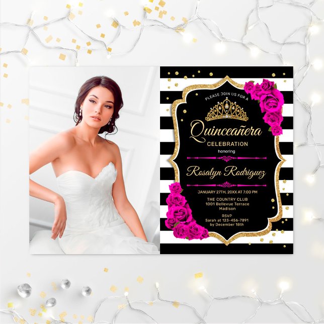 Quinceanera Party With Photo - Pink Gold Black Invitation (Creator Uploaded)