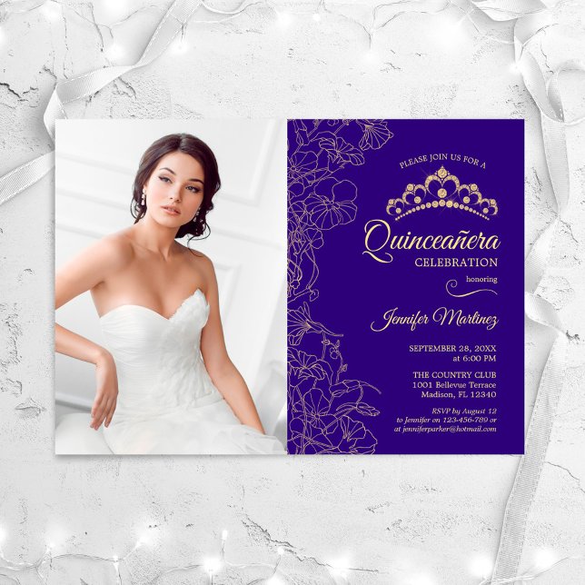 Quinceanera Party With Photo - Purple Gold Floral Invitation (Creator Uploaded)