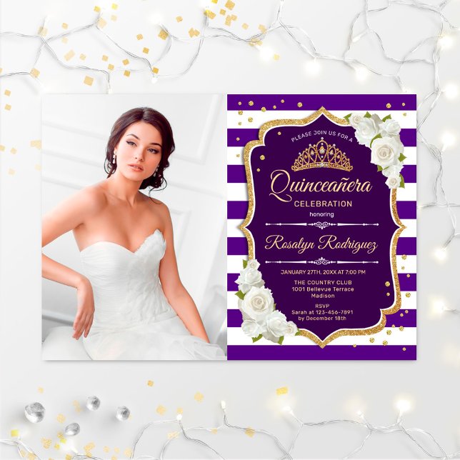Quinceanera Party With Photo - Purple Gold White Invitation (Creator Uploaded)