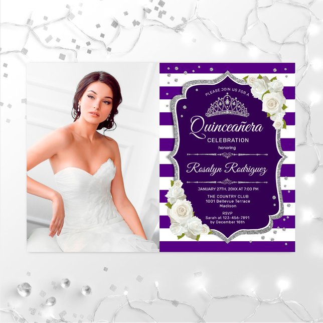 Quinceanera Party With Photo - Purple Silver White Invitation (Creator Uploaded)