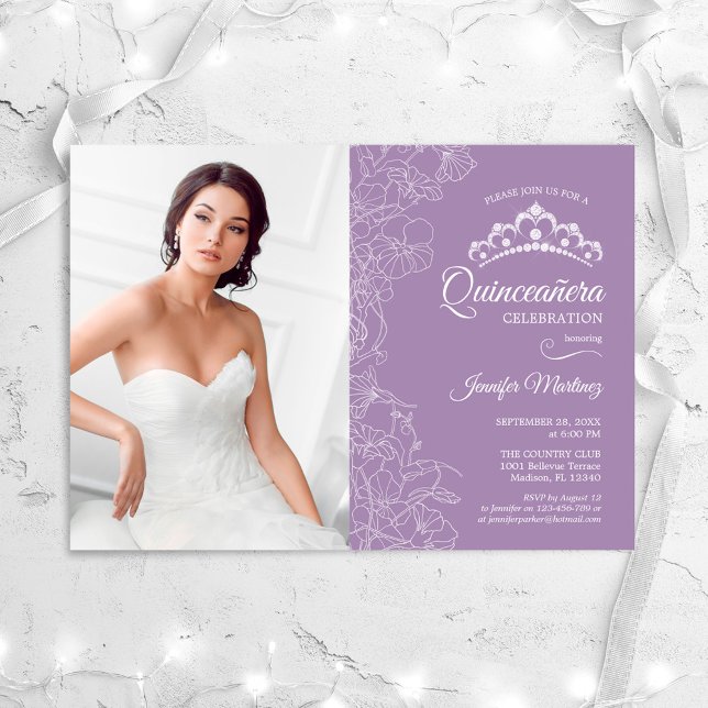 Quinceanera Party With Photo - Purple White Floral Invitation (Creator Uploaded)