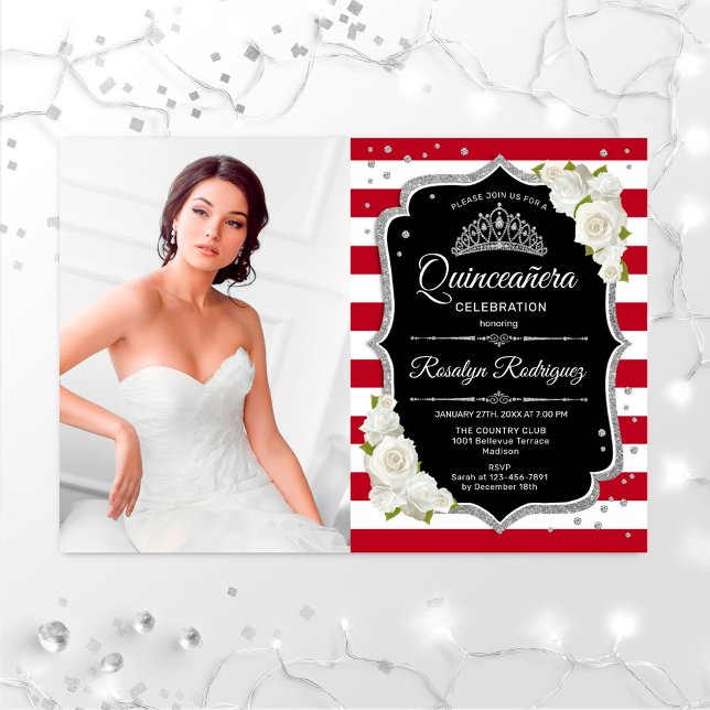 Quinceanera Party With Photo - Red Black Silver Invitation (Creator Uploaded)