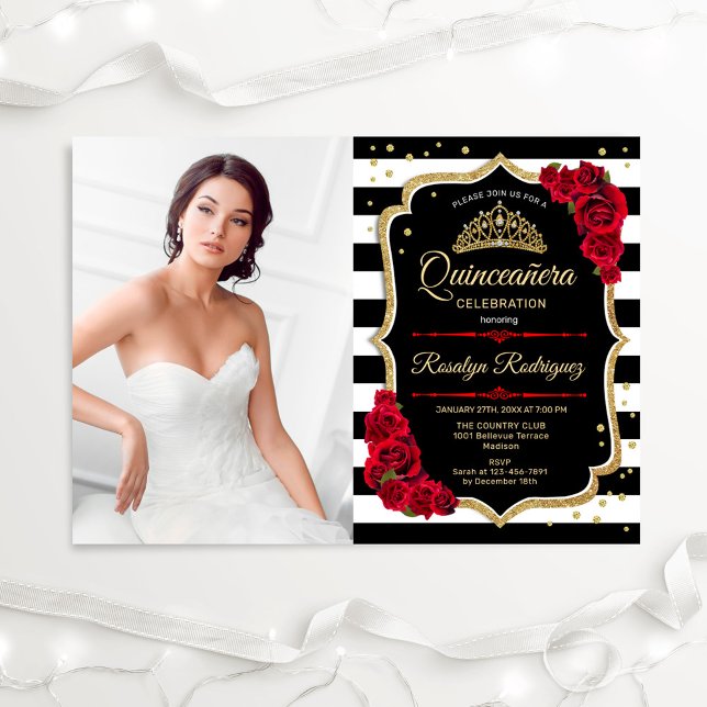Quinceanera Party With Photo - Red Gold Black Invitation (Creator Uploaded)