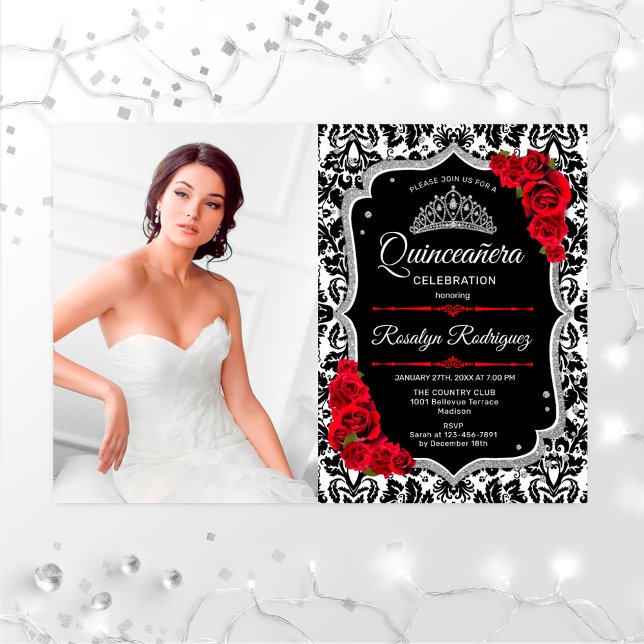 Quinceanera Party With Photo - Red Silver Black Invitation (Creator Uploaded)