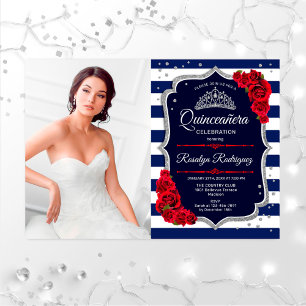 Quinceanera Party With Photo - Red Silver Navy Invitation