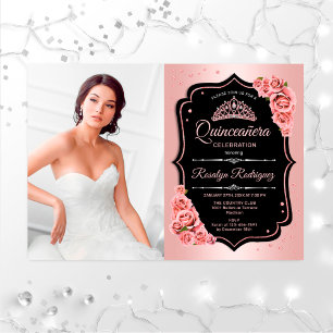Quinceanera Party With Photo - Rose Gold Black Invitation
