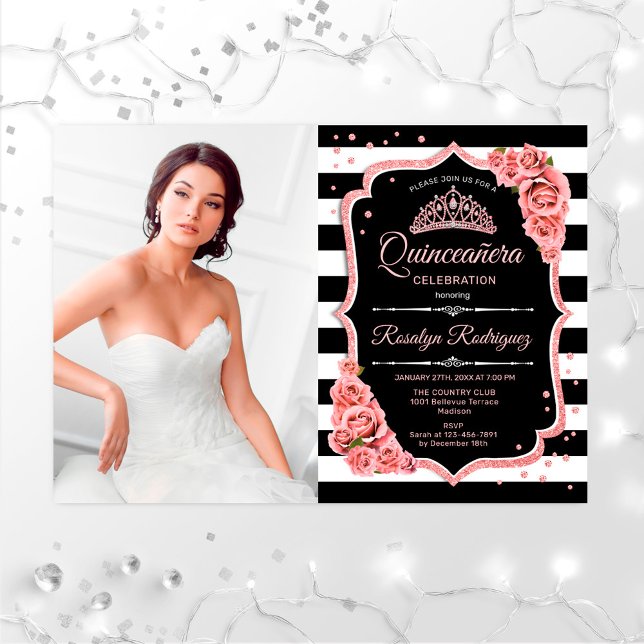 Quinceanera Party With Photo - Rose Gold Black Invitation (Creator Uploaded)