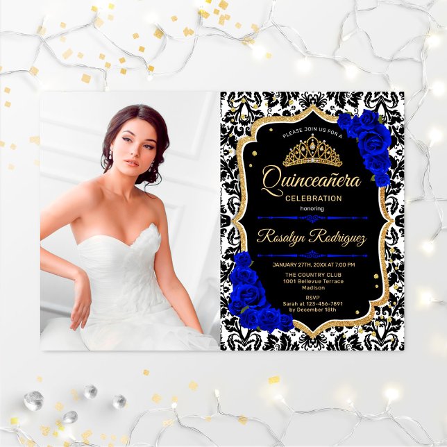 Quinceanera Party With Photo - Royal Blue Gold Invitation (Creator Uploaded)