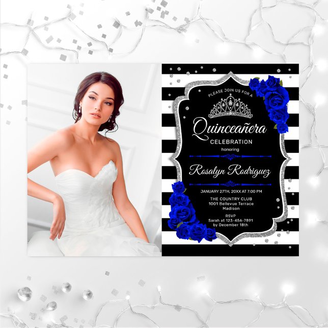 Quinceanera Party With Photo - Royal Blue Silver Invitation (Creator Uploaded)