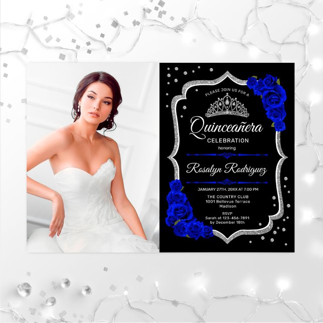 Quinceanera Party With Photo - Royal Blue Silver Invitation (Creator Uploaded)