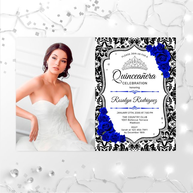 Quinceanera Party With Photo - Royal Blue Silver Invitation (Creator Uploaded)
