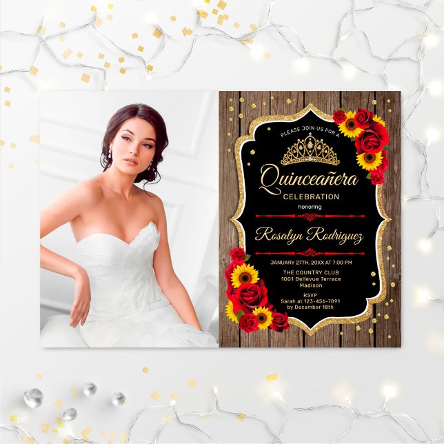 Quinceanera Party With Photo - Rustic Sunflowers Invitation (Creator Uploaded)