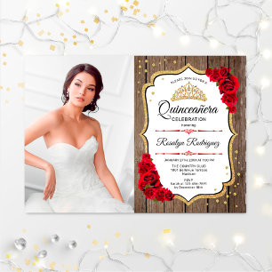 Quinceanera Party With Photo - Rustic Wood Gold Invitation