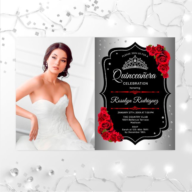 Quinceanera Party With Photo - Silver Black Red Invitation (Creator Uploaded)