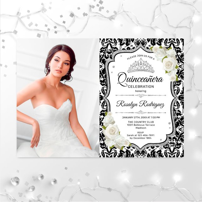 Quinceanera Party With Photo - Silver Black White Invitation (Creator Uploaded)