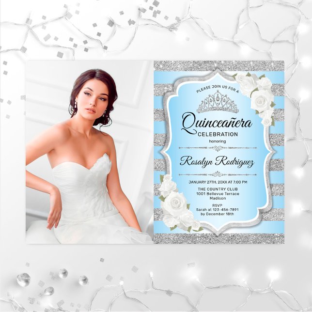 Quinceanera Party With Photo - Silver Blue Invitation (Creator Uploaded)