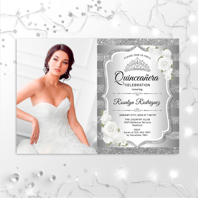 Quinceanera Party With Photo - Silver Invitation (Creator Uploaded)