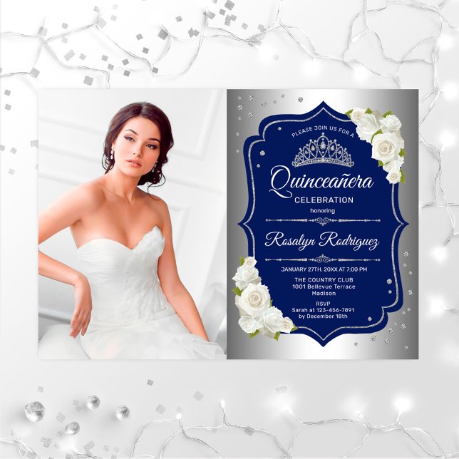 Quinceanera Party With Photo - Silver Navy Invitation (Creator Uploaded)