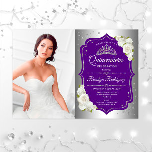 Quinceanera Party With Photo - Silver Purple Invitation