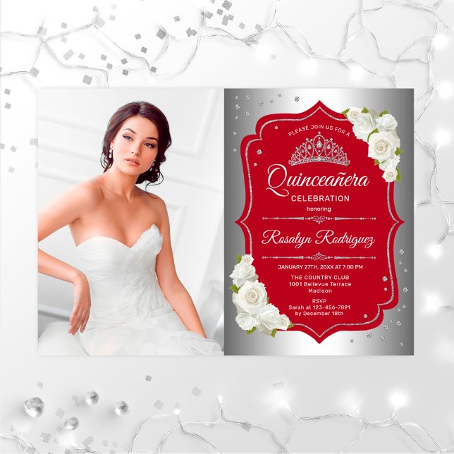 Quinceanera Party With Photo - Silver Red Invitation (Creator Uploaded)