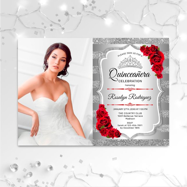 Quinceanera Party With Photo - Silver Red Invitation (Creator Uploaded)