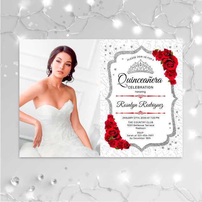 Quinceanera Party With Photo Silver Red Invitation (Creator Uploaded)