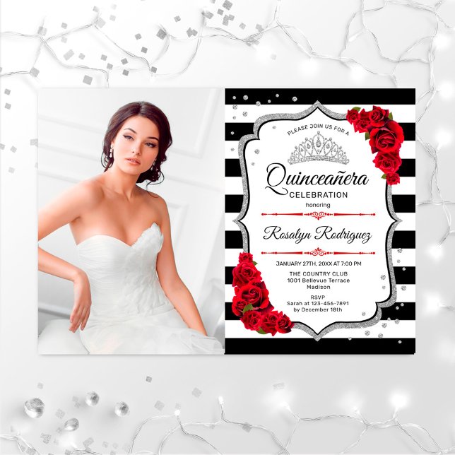 Quinceanera Party With Photo - Silver Red White Invitation (Creator Uploaded)