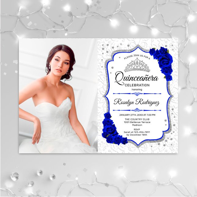 Quinceanera Party With Photo - Silver Royal Blue Invitation (Creator Uploaded)