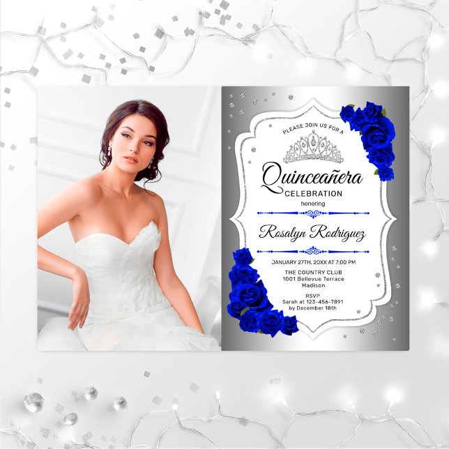 Quinceanera Party With Photo - Silver Royal Blue Invitation (Creator Uploaded)