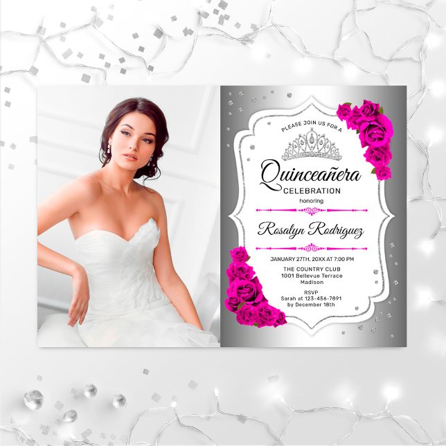 Quinceanera Party With Photo - Silver White Pink Invitation (Creator Uploaded)