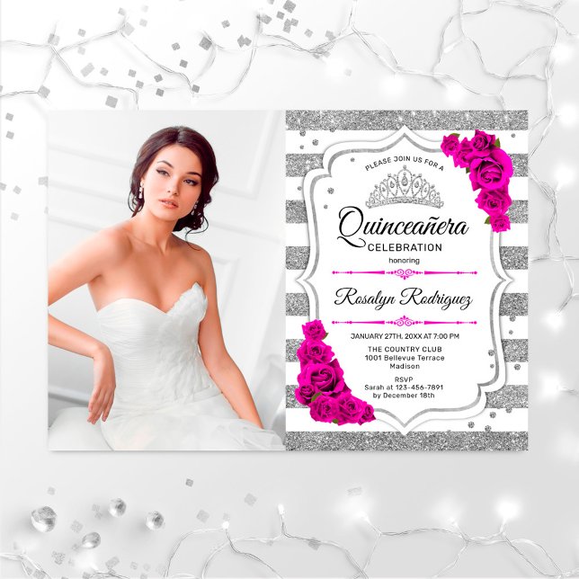 Quinceanera Party With Photo - Silver White Pink Invitation (Creator Uploaded)