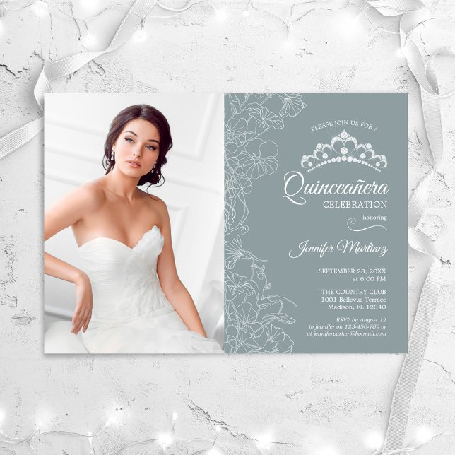 Quinceanera Party With Photo - Steel Blue Floral Invitation (Creator Uploaded)