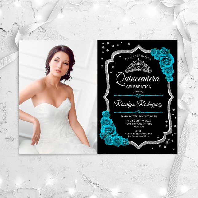 Quinceanera Party With Photo - Teal Black Silver Invitation (Creator Uploaded)