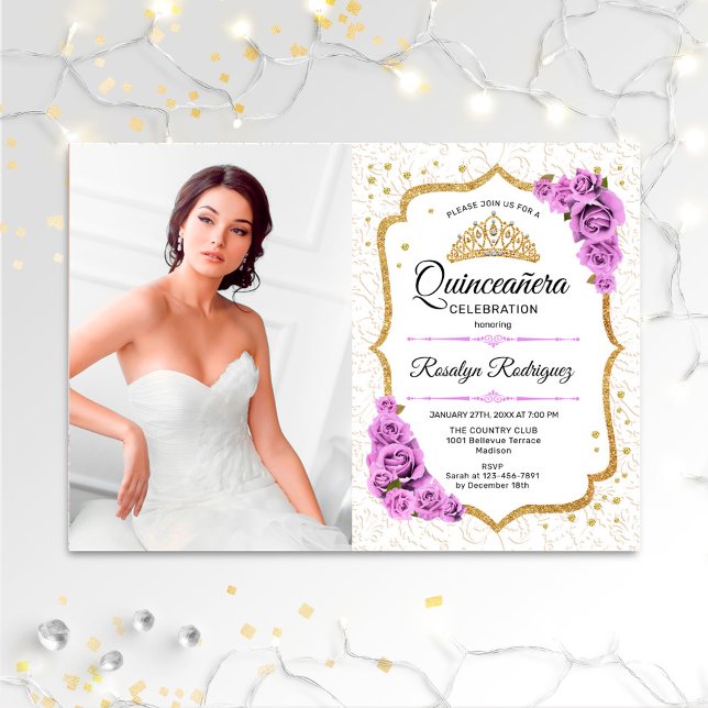 Quinceanera Party With Photo - White Gold Purple Invitation (Creator Uploaded)