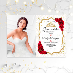 Quinceanera Party With Photo - White Gold Red Invitation