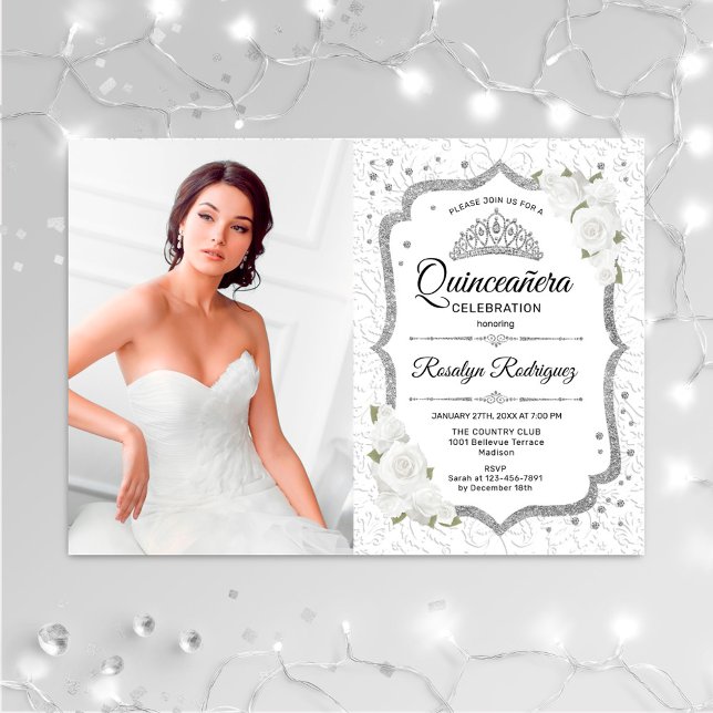 Quinceanera Party With Photo - White Silver Invitation (Creator Uploaded)