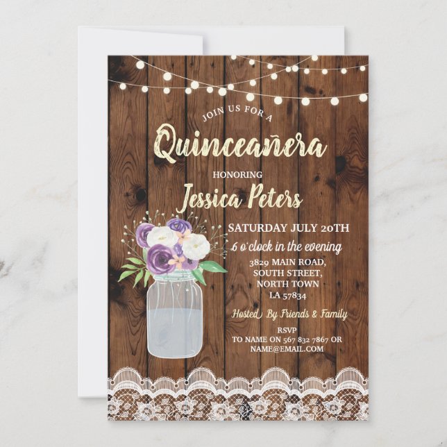 Quinceanera Party Wood Lace Floral Jar Invite 15th (Front)
