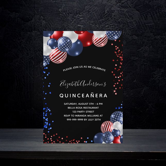 Quinceanera patriotic black red blue white balloon invitation (Creator Uploaded)