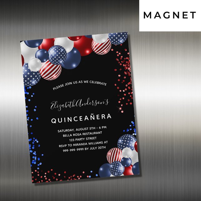 Quinceanera patriotic black red blue white balloon magnetic invitation (Creator Uploaded)