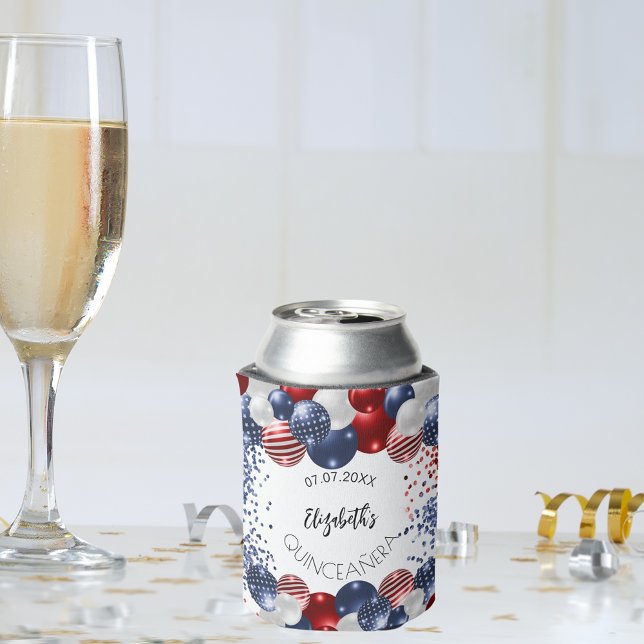 Quinceanera patriotic USA red white blue flag Can Cooler (Creator Uploaded)