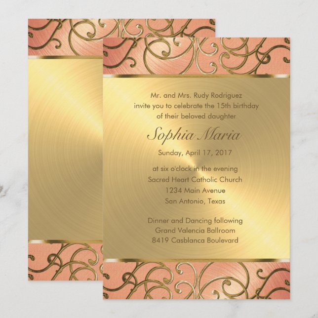 Quinceanera Peach and Gold Filigree Swirls Invitation (Front/Back)
