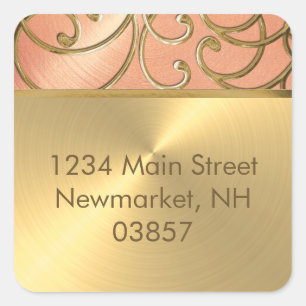 Quinceanera Peach and Gold Filigree Swirls Square Sticker